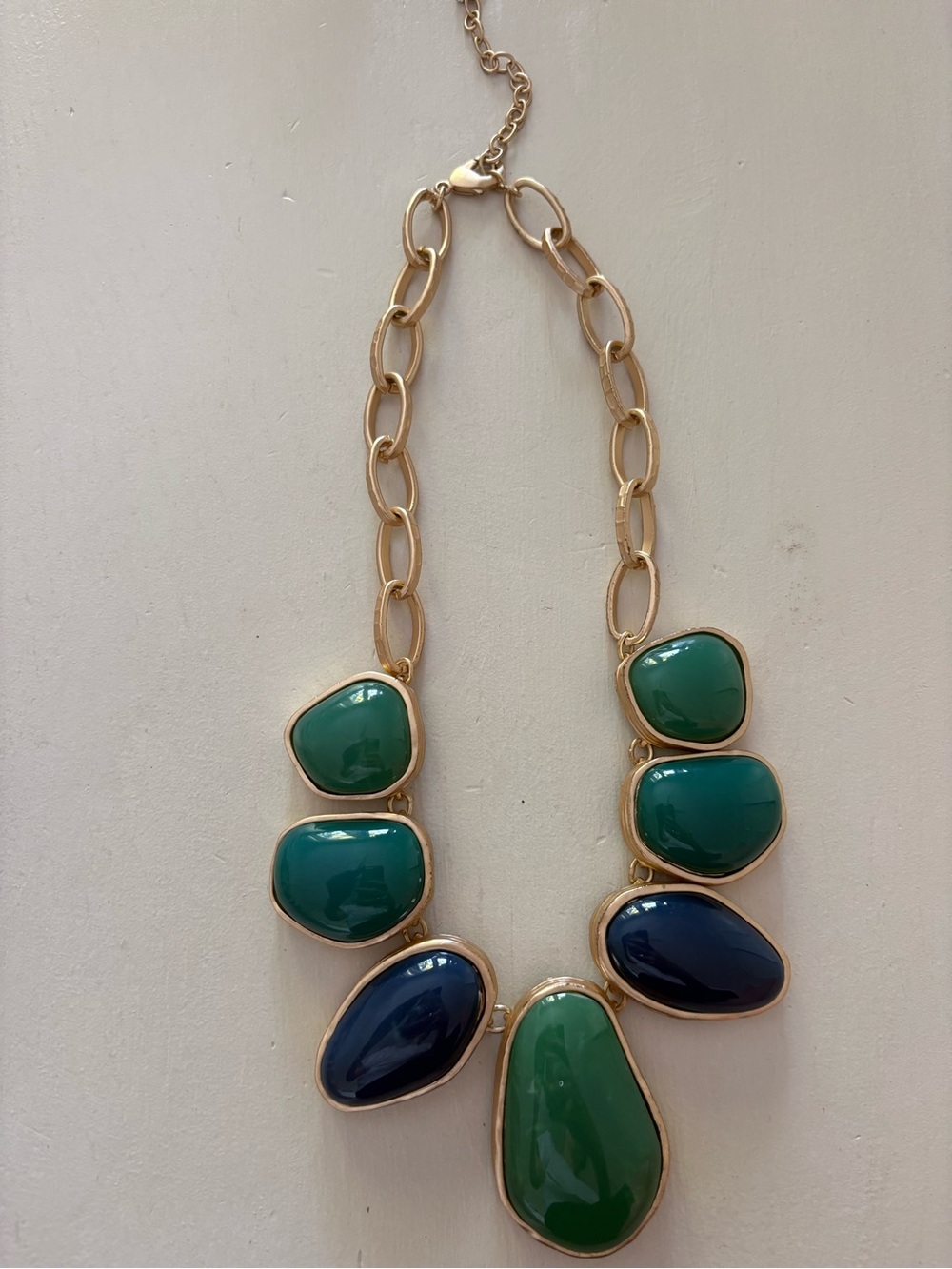 Talbots Statement Gold Chain Necklace with Green & Blue Stones